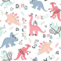 vector gekleurde naadloos herhalen patroon voor kinderen met schattig prinses dinosaurussen, planten en grappig dino citaten in Scandinavisch stijl Aan een wit achtergrond. baby meisje roze patroon met dinosaurussen.