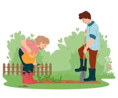 kinderen werk samen in rubber laarzen gieter aanplant in voorjaar kinderen werken in tuin helpen volwassenen vector illustratie voor milieu bescherming natuur zorg vrijwilligerswerk onderwijs concepten