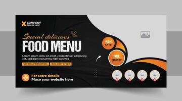 snel voedsel of restaurant bedrijf Promotie sociaal media afzet web banier sjabloon met logo en icoon, pizza, hamburger of gezond voedsel bedrijf promotionele folder ontwerp lay-out vector