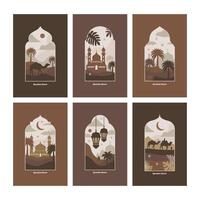 verzameling van oosters stijl Islamitisch ramen en bogen met modern boho ontwerp, maan, moskee koepel en lantaarns vector