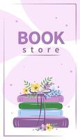 lay-out ontwerp voor boekhandel, boekhandel of bibliotheek. boeken met voorjaar bloemen. vector illustratie