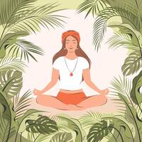 vrouw mediteren in natuur. concept illustratie voor yoga, meditatie, kom tot rust, recreatie, gezond levensstijl en eenheid met natuur. vlak vector illustratie.