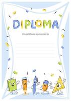 diploma van school- kinderen. monster elementair school- kinderen certificaat. school- grappig kantoor benodigdheden tekens in tekenfilm stijl. vector illustratie voor school.