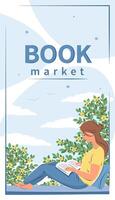 boek markt. vrouw lezing boek en zittend Bij de voorjaar venster. lay-out ontwerp voor boekhandel, bibliotheek, boekhandel of onderwijs. vector illustratie