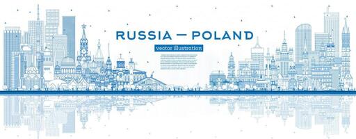 schets Rusland en Polen horizon met blauw gebouwen en reflecties. beroemd oriëntatiepunten. Polen en Rusland concept. diplomatiek relaties tussen landen. vector