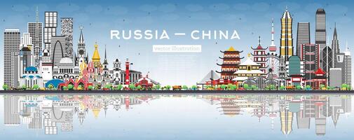 Rusland en China horizon met grijs gebouwen, blauw lucht en reflecties. beroemd oriëntatiepunten. China en Rusland concept. diplomatiek relaties tussen landen. vector