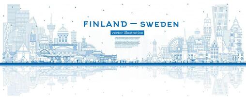 schets Finland en Zweden horizon met blauw gebouwen en reflecties. beroemd oriëntatiepunten. Zweden en Finland concept. diplomatiek relaties tussen landen. vector