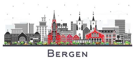 bergen Noorwegen stad horizon met kleur gebouwen geïsoleerd Aan wit. bergen stadsgezicht met oriëntatiepunten. bedrijf reizen en toerisme concept met historisch architectuur. vector