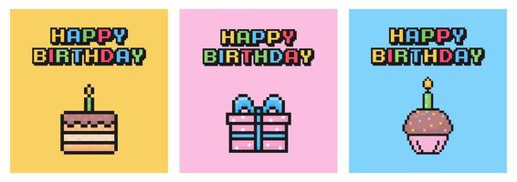 gelukkig verjaardag kaart set, pixel kunst ansichtkaart, 80s 90s oud speelhal spel stijl, nostalgie, geschenk, taart, kaars, vector illustratie