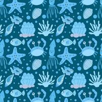 naadloos patroon met zee blauw dieren, zeewier en schelpen Aan een donker blauw achtergrond. vector