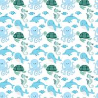 naadloos patroon met zee dieren Aan een wit achtergrond. dolfijn, schildpad, vis, Octopus, walvis. kinderen afdrukken voor uw ontwerp vector