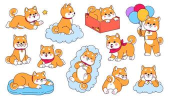 tekenfilm kawaii shiba inu hond en puppy tekens vector