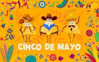 cinco de mayo banier met tekenfilm Mexicaans nacho's cowboy karakters, vakantie vector achtergrond. grappig nacho charro in sombrero met lasso, sheriff cowboy boswachter met jachtgeweer voor cinco de mayo vakantie
