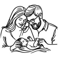 doorlopend een zwart lijn kunst tekening ouders met pasgeboren baby doodles schets stijl vector illustratie Aan wit achtergrond