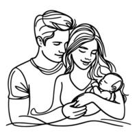 doorlopend een zwart lijn kunst tekening ouders met pasgeboren baby doodles schets stijl vector illustratie Aan wit achtergrond