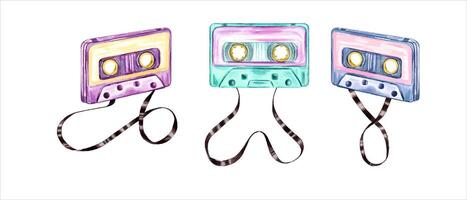 retro audio cassettes met plakband. bruin magnetisch banden. wijnoogst veelkleurig compact cassettes. musical apparaten. muziek, geluid, afspeellijst, audio apparatuur. waterverf illustratie vector