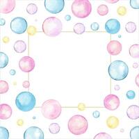 meetkundig waterverf kader met kopiëren ruimte voor tekst. roze, blauw, geel polka stippen. cirkel, confetti. spatten, bubbels, ronde tekening vlekken. hand- getrokken illustratie voor verjaardag kaarten, hartelijk groeten. vector