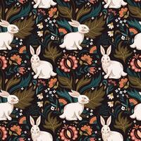 Pasen konijn naadloos patroon. Slavisch bloemen en wild kruiden. wijnoogst volk illustratie. voor behang, kleding stof, inpakken, achtergrond. perzik dons vector