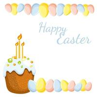 vector illustratie van Pasen thema, kleurrijk Pasen taart met glazuur, geglaceerd fruit en licht kaars, verschillend pastel kleur Pasen eieren geïsoleerd Aan wit achtergrond