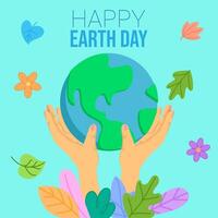 handen Holding de planeet aarde en planten en bladeren in de omgeving van het. gelukkig aarde dag. vector