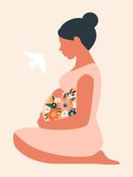 zwanger mooi jong vrouw zittend zijwaarts geïsoleerd Aan teder roze verticaal achtergrond voor moeder dag, gelukkig moederschap. vector. vector
