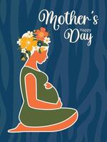 moeders dag. zwanger mooi jong vrouw zit zijwaarts Aan een donker blauw verticaal achtergrond voor de viering van moederschap en familie. vector. vector