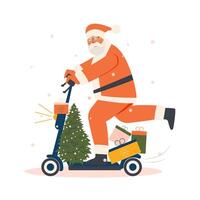 een opa met een baard in een de kerstman claus kostuum ritten blij Aan een elektrisch scooter met cadeaus en een Kerstmis boom. vakantie kaart geïsoleerd Aan wit achtergrond. vector. vector