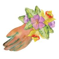 hand- getrokken waterverf illustratie voorjaar tuinieren dragen, bruin leer handschoenen met bloemen en bladeren. samenstelling geïsoleerd Aan wit achtergrond. ontwerp afdrukken, winkel, scrapbooken, verpakking, decoupage vector