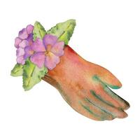 hand- getrokken waterverf illustratie voorjaar tuinieren dragen, bruin leer handschoenen met bloemen en bladeren. samenstelling geïsoleerd Aan wit achtergrond. ontwerp afdrukken, winkel, scrapbooken, verpakking, decoupage vector