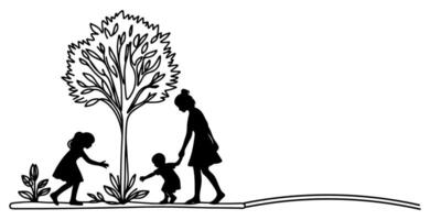 doorlopend een zwart lijn kunst tekening silhouet van kinderen aanplant boom. Schep opgravingen wortels fabriek in grond naar opslaan de wereld en aarde dag verminderen globaal opwarming groei vector