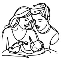 doorlopend een zwart lijn kunst tekening ouders met pasgeboren baby doodles schets stijl vector illustratie Aan wit achtergrond