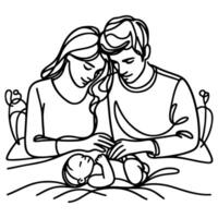 doorlopend een zwart lijn kunst tekening ouders met pasgeboren baby doodles schets stijl vector illustratie Aan wit achtergrond