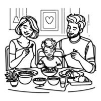 doorlopend een zwart lijn kunst tekening gelukkig familie vader en moeder met kind. hebben avondeten zittend Bij tafel doodles stijl vector illustratie Aan wit achtergrond