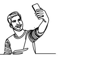 doorlopend een zwart lijn kunst tekening vrolijk jong Mens Holding smartphone naar nemen acteren selfie of video telefoontje door mobiel telefoon schets tekening vector familie reizen concept