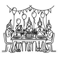 single doorlopend tekening zwart lijn familie avondeten zittend Bij tafel naar viering verjaardag gelukkig verjaardag partij doodles vector