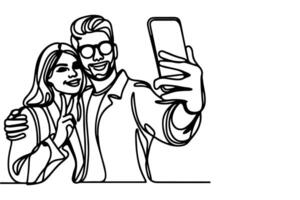 doorlopend een zwart lijn kunst tekening vrolijk jong Mens en meisje Holding smartphone naar nemen acteren selfie of video telefoontje door mobiel telefoon schets tekening vector familie reizen concept