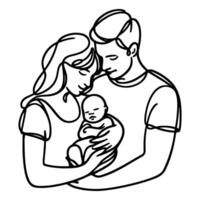 doorlopend een zwart lijn kunst tekening ouders met pasgeboren baby doodles schets stijl vector illustratie Aan wit achtergrond