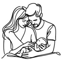 doorlopend een zwart lijn kunst tekening ouders met pasgeboren baby doodles schets stijl vector illustratie Aan wit achtergrond