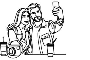 doorlopend een zwart lijn kunst tekening vrolijk jong Mens en meisje Holding smartphone naar nemen acteren selfie of video telefoontje door mobiel telefoon schets tekening vector familie reizen concept