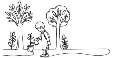 doorlopend een zwart lijn kunst tekening silhouet van kinderen aanplant boom. Schep opgravingen wortels fabriek in grond naar opslaan de wereld en aarde dag verminderen globaal opwarming groei vector