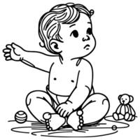 doorlopend een zwart lijn kunst hand- tekening kind zittend alleen doodles schets tekenfilm stijl kleur bladzijde vector illustratie Aan wit achtergrond