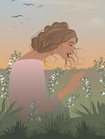 vector illustratie landschap van een mooi meisje vrouw in een veld- met bloemen natuur voorjaar herfst zomer