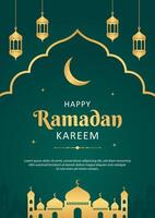 Islamitisch Ramadan viering sjabloon poster ontwerp met goud kader, moskee en lantaarn illustratie. Ramadan groen achtergrond, Hoes vector. vector