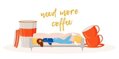 meer koffie nodig platte concept vectorillustratie. slaperige vrouw wil cafeïne. workaholic heeft americano nodig. moe meisje 2d stripfiguur voor webdesign. overwerkt persoon creatief idee vector