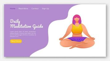 dagelijkse meditatie gids bestemmingspagina vector sjabloon. yoga houdingen. gezonde levensstijl. bodypositive website-interface-idee met platte illustraties. startpagina-indeling, webbanner, webpagina-cartoonconcept