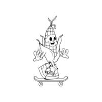 groovy tekenfilm zwart en wit maïs karakter met blad zwaaien. groet maïs mascotte, tekenfilm maïs, bij, skateboard, voedsel sticker van jaren 70 80s stijl vector illustratie