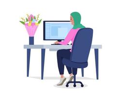 vrouw aan bureau met bloemen semi-egale kleur vectorkarakter vector