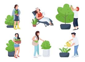 mensen met planten, tuinlieden en botanici egale kleur vector gezichtsloze karakters set. bloembed water geven, struiken trimmen, groenverzorging geïsoleerde cartoonillustraties op witte achtergrond