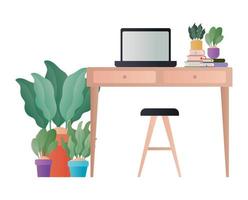 bureau met laptop boeken planten en stoel vector design