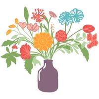 mooi boeketten met tuin en wild bloemen vector vlak illustratie. divers bloeiend planten met stengels en bladeren geïsoleerd Aan wit. bloemen decoratie of geschenk